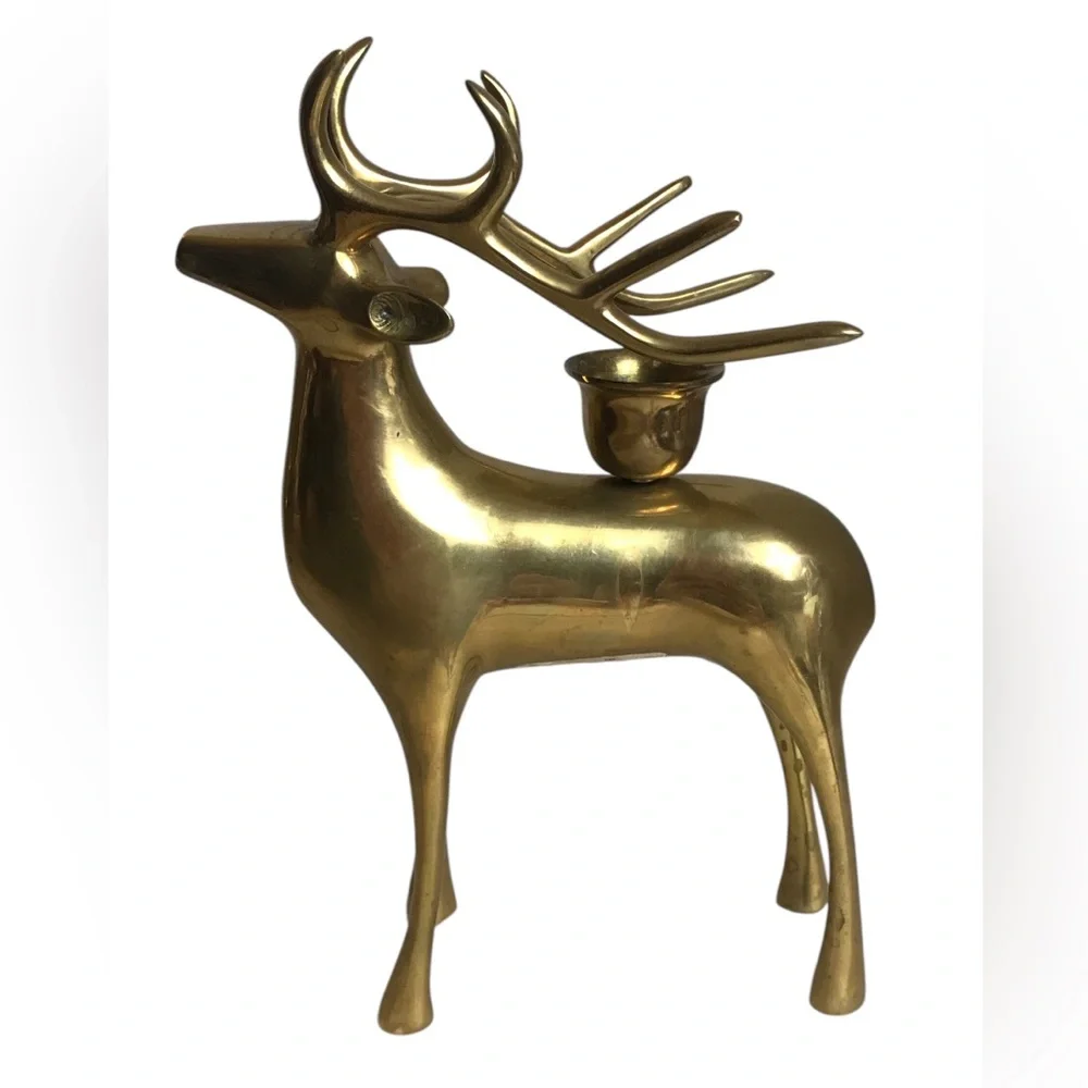 Pottery Barn Brass Reindeer Candle Holders 8” Vintage Christmas Taper Pair